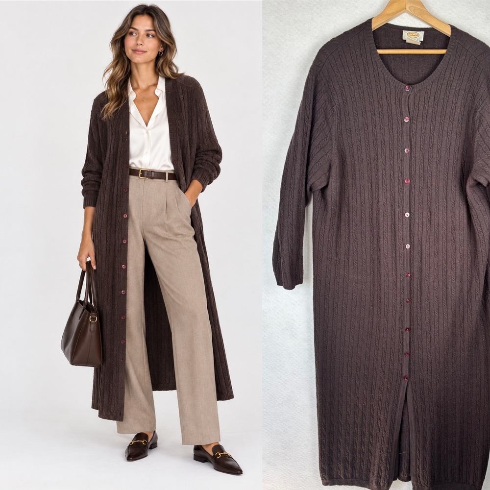 Talbots Woman Long Duster Cardigan Sweater Sz 2X Merino Wool Cable Knit Office
